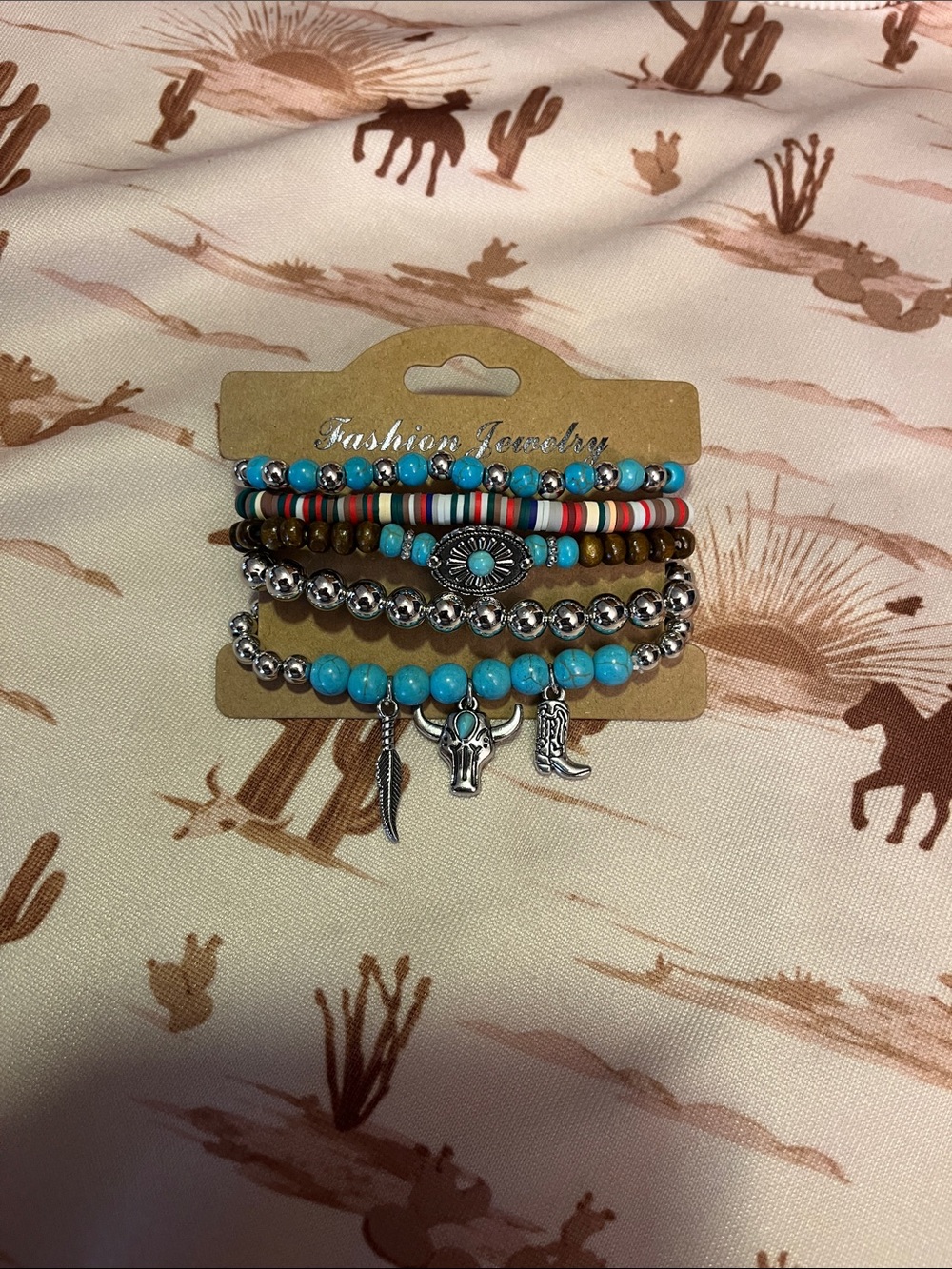 Fashion Jewelry Turquoise, Silver and Brown Layered Charm Bracelet Set